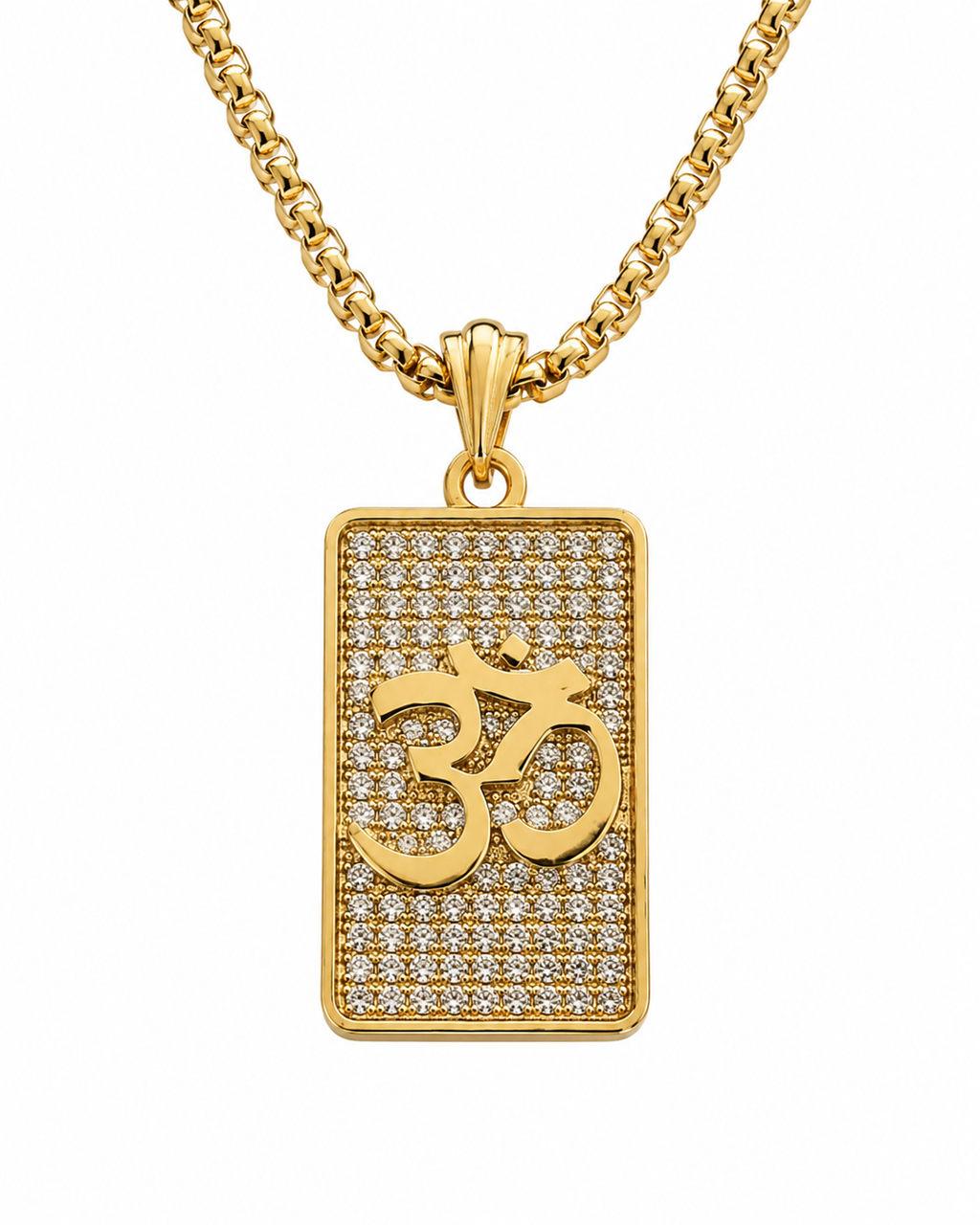 Gold pendant necklace with Om symbol on a white background