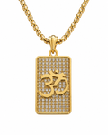 Gold pendant necklace with Om symbol on a white background