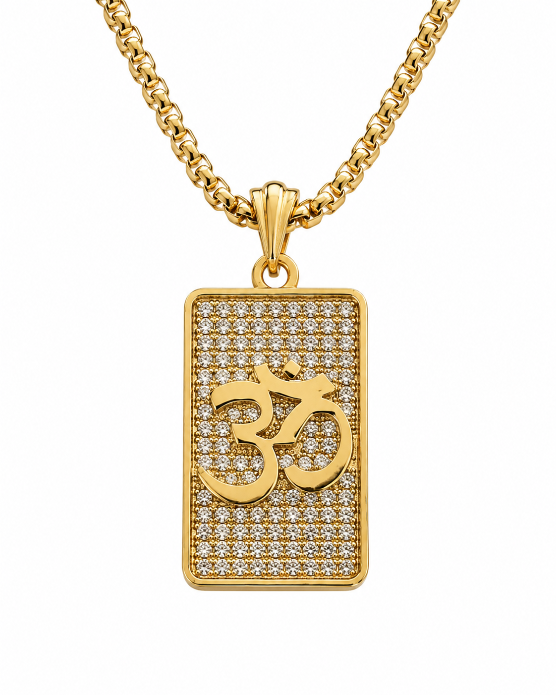Gold pendant necklace with Om symbol on a white background