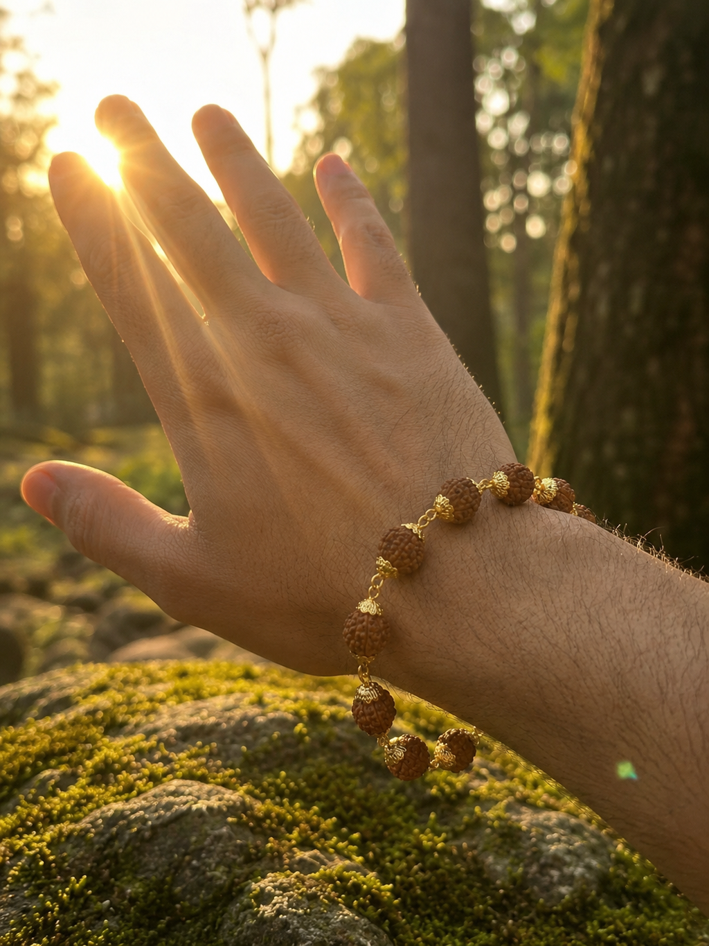 Hand wearing a beaded bracelet with a blurred natural background