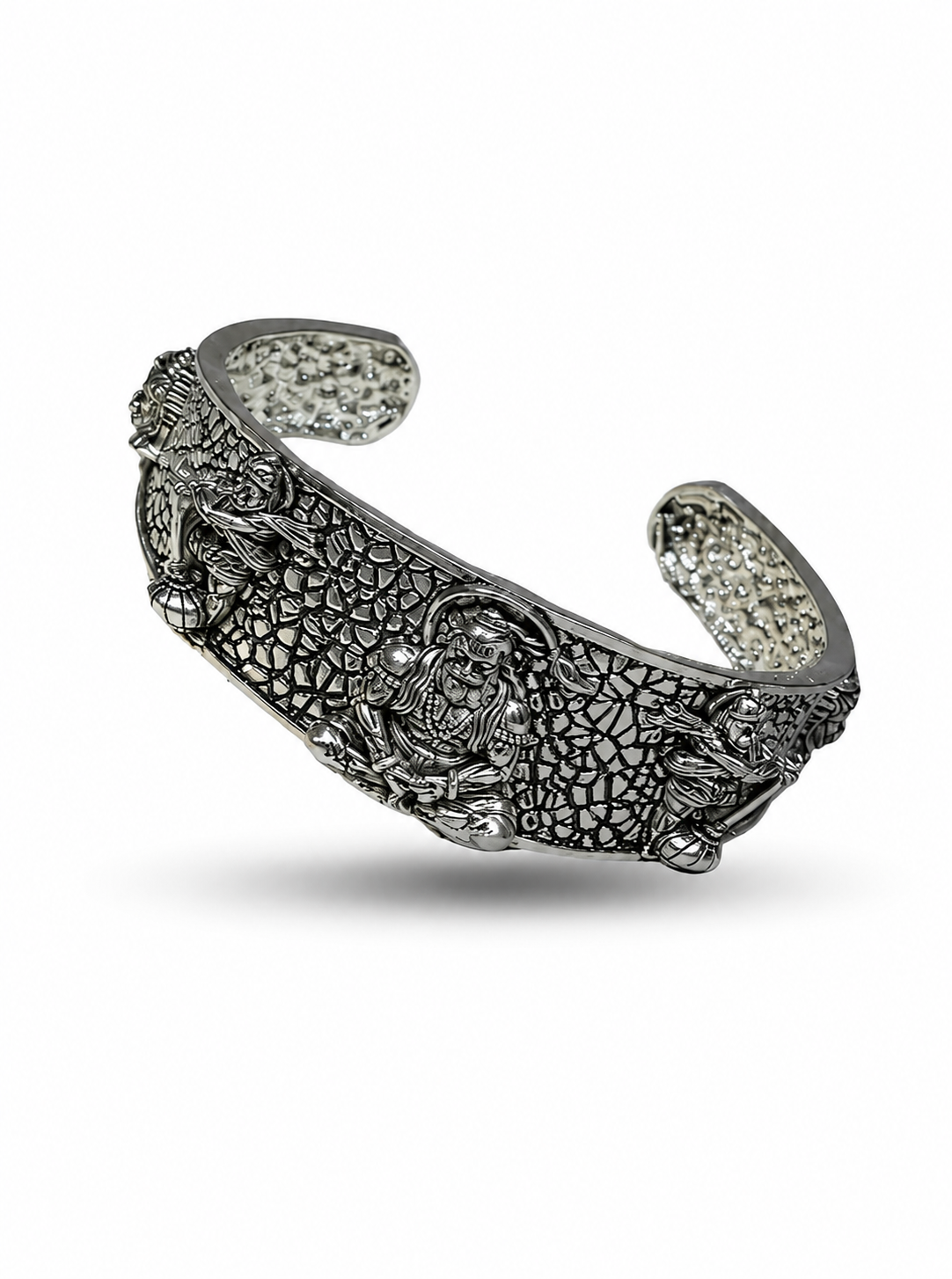 Silver bracelet with intricate designs on a white background